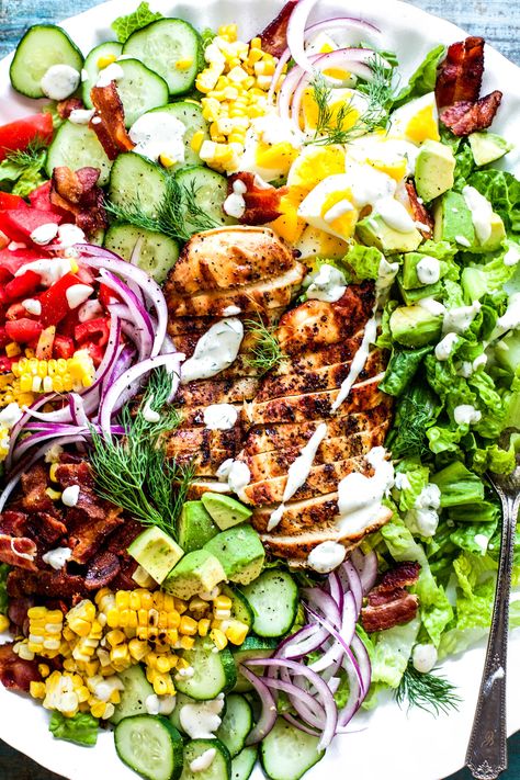 The Best Grilled Chicken Cobb Salad Chicken And Salad Dinner Ideas, Southwest Chicken Cobb Salad, Grilled Cobb Salad, Cobb Salad With Corn, Sheet Pan Cobb Salad, Healthy Work Salads, Protein Cobb Salad, Summer Salad Recipes With Chicken, Grilled Chicken Chopped Salad