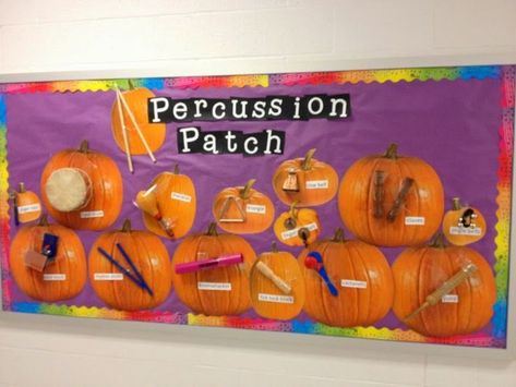 Percussion Patch bulletin board. The pumpkins came from Oriental Trading, but the instruments came right out of her classroom. What a fun idea! Music Room Bulletin Boards, Band Classroom, Music Classroom Bulletin Boards, Music Bulletin Board, Elementary Music Room, Music Bulletin Boards, Music Classroom Decor, Elementary Music Education, Music Curriculum