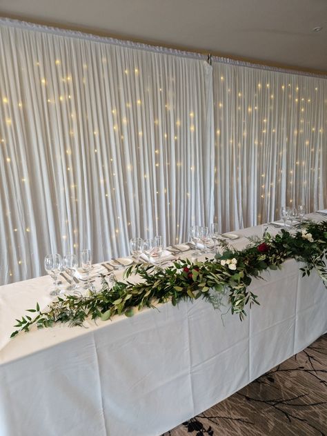 Drape and fairy backdrop to cover up ugly / busy walls Wall Covering Ideas For Party, Draped Walls Wedding, Wedding Wall Covering Ideas, Busy Walls, Fairy Backdrop, Fairy Light Curtain, Wall Drapes, Draping Wedding, Hiding Ugly