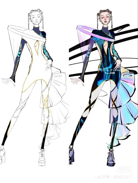 Futurism Fashion, Fashion Sketchbook Inspiration, Fashion Illustration Poses, Space Fashion, Fashion Illustrations Techniques, Geometric Fashion, Fashion Design Sketchbook, Fashion Design Collection, 카드 디자인