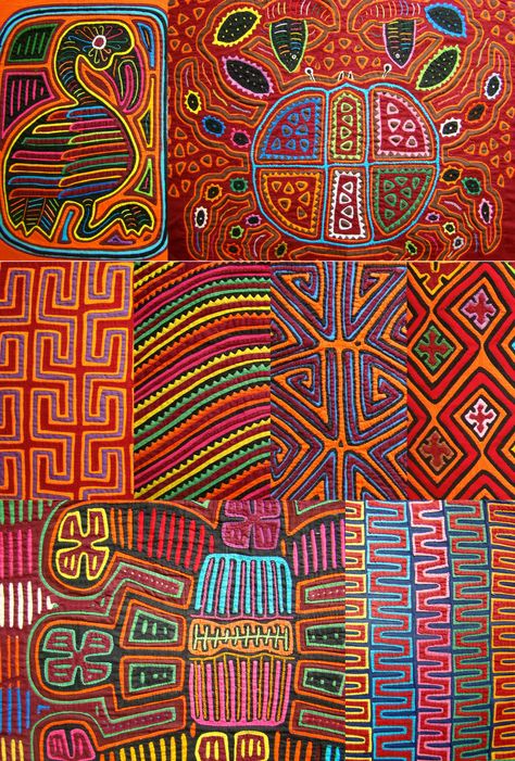 Molas are colorful appliqué panels hand crafted by the Kuna people of the San Blas Islands, Panama. Mola Patterns, Mola Art, Mola Mola, Guatemalan Textiles, San Blas Islands, Reverse Applique, Colors And Patterns, San Blas, Arte Popular