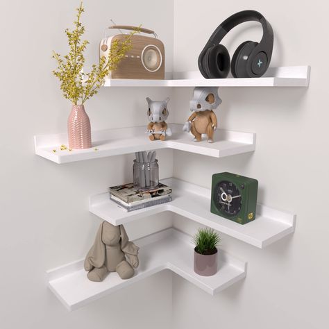 L Shaped Bathroom, Corner Floating Shelves, Wood Corner Shelves, House Cleaner, Floating Corner Shelves, Wood Hanger, Bedroom Corner, Oak Shelves, Room Shelves