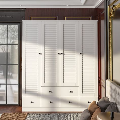 Latitude Run® Armoire | Wayfair Closet Storage Cabinets, Solid Wood Armoire, White Armoire, Armoire Wardrobe Closet, Large Wardrobes, 4 Door Wardrobe, White Closet, Wood Armoire, Bedroom Armoire