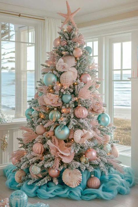 Mermaid Coast Pink Christmas Tree Mermaid Christmas Tree, Aqua Christmas, Beach Christmas Trees, Christmas Tree Inspo, Teal Christmas, Turquoise Christmas, Mermaid Christmas, Christmas Tree Decorating Themes, Elegant Christmas Trees