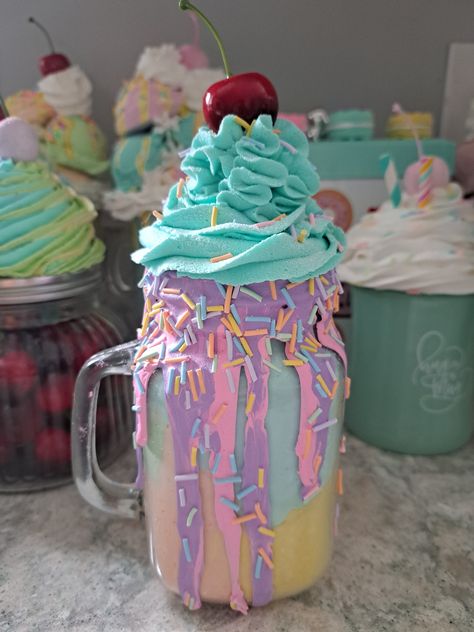 Pastel faux ice cream milkshake with sprinkles, glitter, and cherry on top Perfect for those who love pastel colors and whimsical decor! Weird Drinks, Faux Ice Cream, Ice Cream Milkshake, Love Pastel, Colorful Desserts, Yummy Ice Cream, Creative Desserts, Milkshake Recipes, Fake Cake