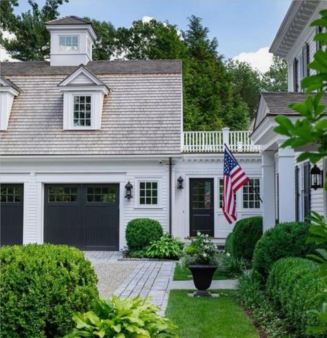 Instagram Colonial Carriage House Garage, Victorian Garage Addition, Colonial House Exterior With Garage, New England Garage, Patrick Ahearn Exterior, Garage Behind House, Garage In Front Of House, Shade Perennial Garden, Westport Massachusetts