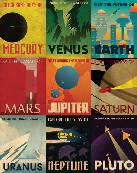 Retro Planetary Travel Posters! Retro Futurism Graphic Design, Space Travel Posters, Art Spatial, Planet Poster, Arte Peculiar, 타이포그래��피 포스터 디자인, City Poster, Space Poster, Vintage Space