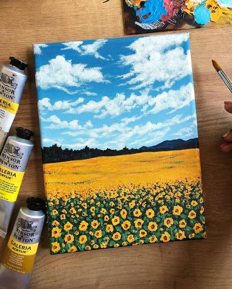 Acrylic Nature Painting, Sunflower With Acrylic Paint, Sunflower Painting Acrylic, Sunflower Field Painting, Sunflower Acrylic Painting 3d, Sunflower Field Acrylic Painting, Sunflower Polaroid Painting, Gouche Painting Sunflower, Sky Art Painting