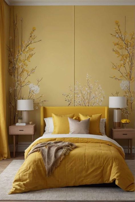 Yellow Bedroom Inspirations, Mustard Yellow Bedroom Ideas, Yellow Boho Bedroom, Earthy Boho Bedroom, Mustard Bedroom, Yellow Bedroom Walls, Interior Design Yellow, Yellow Bedroom Ideas, Dark Wood Bedroom