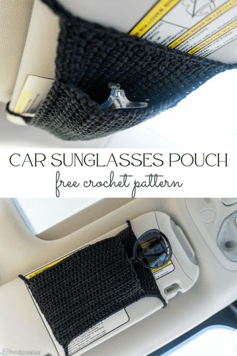 Crochet Sunglass Case Free Pattern, Crochet While Traveling, Car Decor Diy Crafts, Crochet Car Sunglasses Holder, Car Sunglasses Holder Diy, Crochet Tissue Holder For Car, Car Crochet Accessories Pattern, Crochet Handy Things, Crochet Car Trashcan