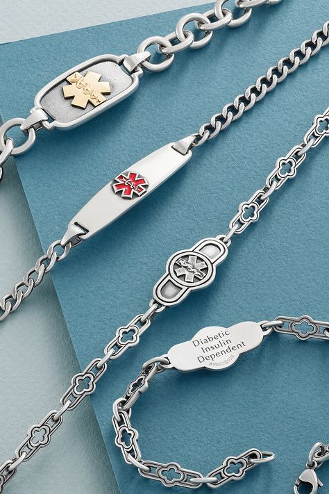 We have three styles of medical alert bracelets to notify paramedics of an allergy or condition. Engrave the back to personalize with your information. #MedicalAlertBracelet #MedicalAlert #MedicalID #JamesAvery Medical Alert Tattoo, Medical Alert Symbol, Allergy Bracelet, Medical Alert Jewelry, Engravable Jewelry, Medical Id Bracelets, Medic Alert Bracelets, James Avery Jewelry, Medical Bracelet