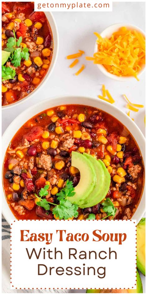 This Easy Taco Soup with Ranch Dressing will be a huge hit with your whole family! Ground beef, tomatoes, and taco and ranch seasonings are all simmered to perfection, then served with all of your favorite taco toppings! This easy taco soup recipe can be made in the crockpot or (quickly!) on the stovetop and it’s freezer-friendly and perfect for meal preps! Taco Soup With Ranch, Taco Soup Ranch, Healthy Stew Recipes, Taco Soup Recipe Crockpot, Best Stew Recipe, Easy Taco Soup Recipe, Taco Soup Recipe Easy, Taco Toppings, Easy Taco Soup