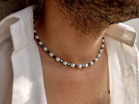 Mens Pearl Necklace, Y2k Choker, Pearl Necklace Real, Men Necklaces, Real Pearl Necklace, Real Pearls, Blue Pearl, Men Necklace, Arsenal