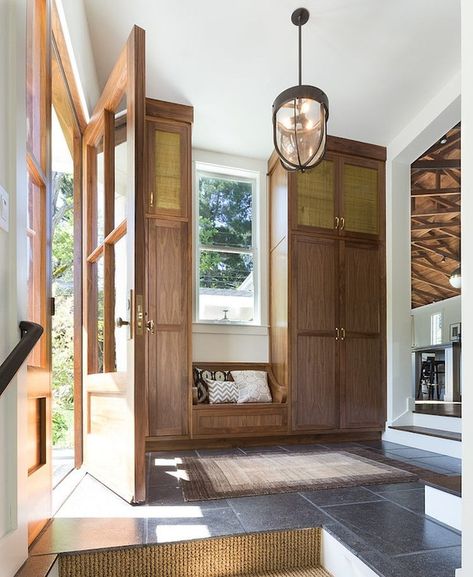 Sunken mudroom features iron and glass lantern illuminating floor to ceiling built-in cabinets ... Bayer Built Interior Doors, Sunken Entryway, Transitional Entry, San Francisco Interiors, Beamed Ceilings, Jute Runner, Doors Exterior, Home Bunch, Laundry Mudroom