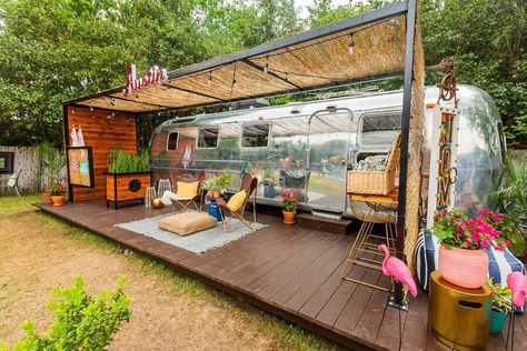 Rv Site Ideas, Porch For Camper, Campsite Decorating, Fear Of Spiders, Camper Home, Airstream Remodel, Airstream Interior, Airstream Renovation, Large Tent