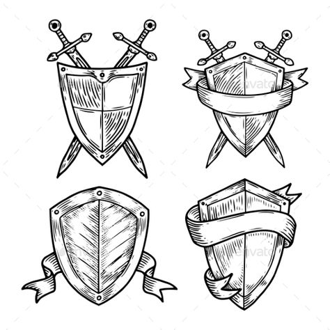 Sketch Set of isolated medieval shields with ribbons and swords. Protection emblem with weapon and ancient knight defence tool. Safety logo or empty heraldic banner. Guarantee and guard, safety theme Knight Shield Tattoo, Medieval Sketches, Shield Sketch, Shield Tattoo Design, Medieval Sketch, Medieval Tattoo Ideas, Medieval Logo, Safety Logo, Shield Drawing