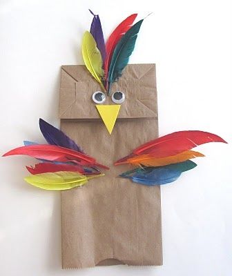 Bird Puppet - Lunch Bag and Feathers - use with the Brave Little Parrot story. Bird Crafts For Preschoolers, Safari Vbs, Pirate Week, Bird Puppet, Storytime Crafts, Yellow Crafts, Crafts For Preschoolers, Letter Crafts, Paper Bag Crafts