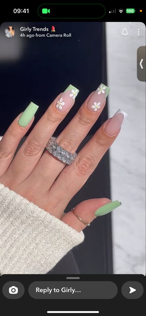 Green Nail With White Tip, Nail Inspiration Sage Green, Sage Green Nail Ideas Coffin, Nails Acrylic Sage Green Coffin, Sage Green And White Acrylic Nails, Green White Nail Designs, March Nails Coffin Shape, Square Acrylic Nails Sage Green, Sage Green French Tip Nails With Flowers