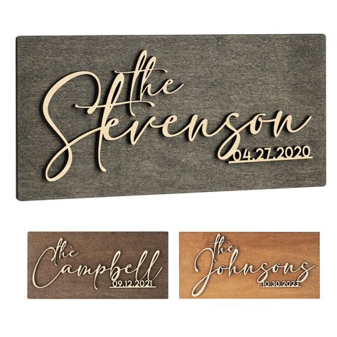 PRICES MAY VARY. Customizable Elegance: Add a personal touch to your home decor with our 3D wooden sign, featuring your family's last name and a significant date of your choice. Perfect for commemorating special occasions such as weddings, engagements, or housewarmings. A Palette of Choices: Choose from three sophisticated colors to match your style: classic black, rich walnut, or warm chestnut. Each hue is designed to complement your living space and create a welcoming atmosphere. Size to Fit Y Last Name Wood Sign, Established Family Signs, Couple Presents, Custom Wooden Signs, Wooden Name Signs, Family Name Sign, Family Name Signs, Gift For Couples, Gifts Personalized