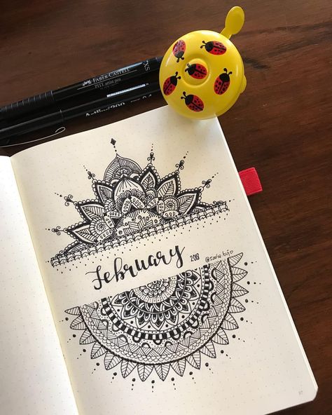 207 Likes, 8 Comments - @sarie.bujo on Instagram: “February 2018 cover #mandala #mandalaart #mandalahalf #bujolove #bujosetup #bulletjournalers…” Book Cover Page Ideas, Drawing Book Cover Page Ideas, Drawing Book Cover, Cover Page Ideas, Mandala Book, Doddle Art, Book Cover Page, Mandala Doodle, Easy Mandala Drawing