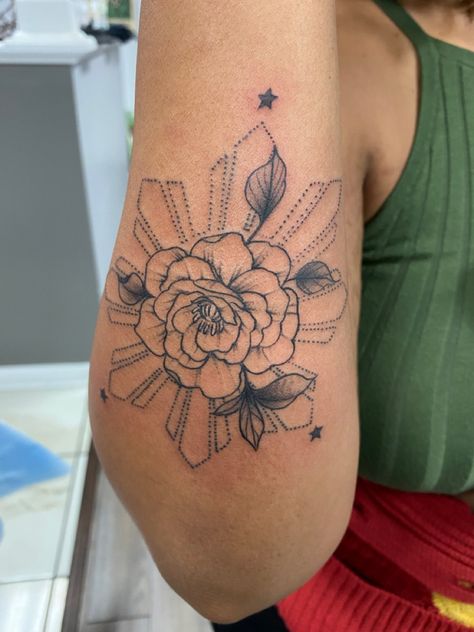 Filipino And American Flag Tattoo, Feminine Filipino Tattoo, Leg Tattoo Ideas Women, Filipino Sun And Flower Tattoo, Sampaguita Tattoo Philippines, Filipino Flower Tattoo Philippines, Return To Sender Tattoo, Filipino Tattoos For Women, Philippines Sun Tattoo