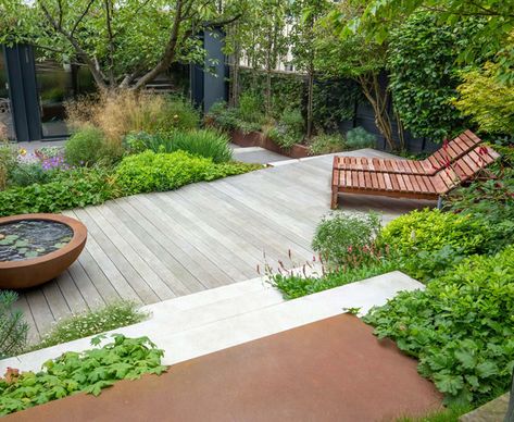 Raised Patio Garden Ideas, Rectangular Garden Design Ideas, London Garden Design, Scandinavian Garden Ideas, Small Garden Sitting Area Ideas, Hill Garden Ideas, London Garden Ideas, Wide Garden Design, Rectangular Garden Design