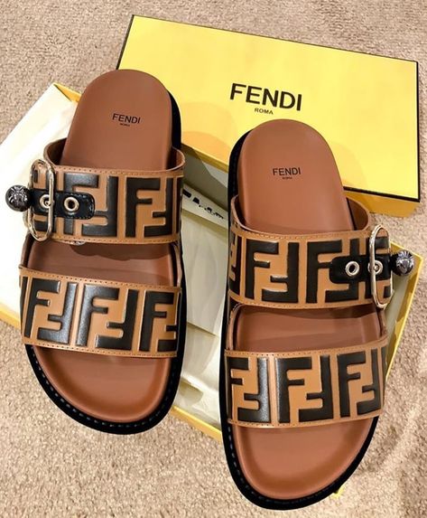 Discovered by J.. Find images and videos about fashion, shoes and fendi on We Heart It - the app to get lost in what you love. Fendi Slides, Fendi Sandals, Luxury Slides, Fendi Logo, Fashion Slippers, Fendi Shoes, Buckle Sandals, Fabulous Shoes, Slipper Sandals