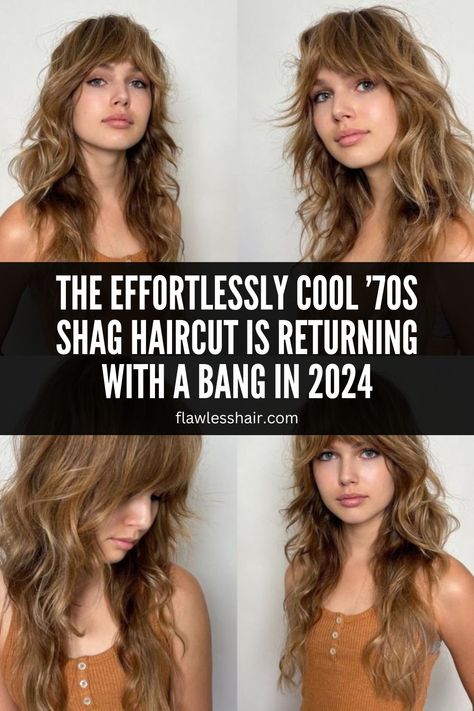 The Effortlessly Cool ’70s Shag Haircut Is Returning With A Bang In 2024 Shag Hairstyles Long Thick Hair, Loose Shag Haircut, Reverse Shag Haircut, 70s Style Shag Haircut, Long Shag Haircut For Fine Hair, Long Shaggy Haircuts With Bangs, 70’s Hair Short, 70s Long Hairstyles, Styling Shag Haircut