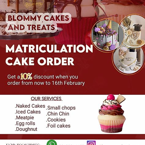 A matriculation cake order/ booking flyer Matriculation Cake Designs, Ice Cake, Egg Rolls, Cake Designs, Rolls, Cake, 10 Things, Quick Saves, Design