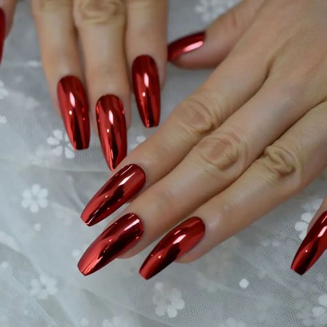 Press On Nails Square, Red Chrome Nails, Squoval Nails, Fantasy Nails, Manicure Tips, Nails Square, روتين العناية بالبشرة, Hot Nails, Fire Nails