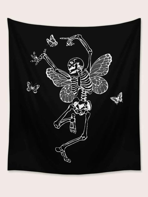 ROMWE Fairy Grunge Skull Print Tapestry | SHEIN USA Teen Party, Fairy Grunge, Printed Tapestries, Skull Print, Home Textile, Blankets & Throws, Diy And Crafts, Blankets, Black Pink