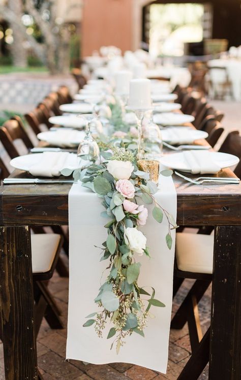 A green and blush pink table setting | Cassie And Roberts Romantic Rustic Wedding | Kennedy Blue Wedding Table Pink, Pink Table Settings, Floral Table Setting, Romantic Rustic Wedding, Romantic Table, Pink Table, Wedding Table Decorations, Long Table, Wedding Tables