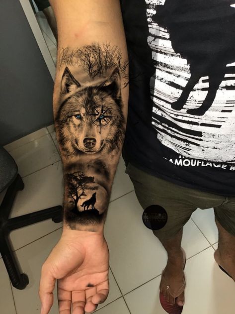 Wolf Tattoo Design Men Forearm, Half Sleeve Tattoos Wolf, Wolf Tattoo Forearm, Coyote Tattoo, Lion Forearm Tattoos, Arm Tattoos For Guys Forearm, Wolf Tattoos Men, Father Tattoos, Wolf Tattoo Sleeve