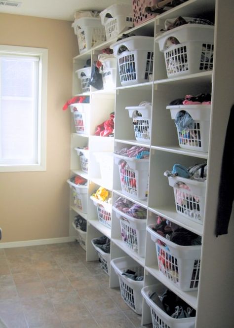 FiveKidsLaundryRoom Fold Laundry, Organization Laundry, Family Closet, Laundry System, Laundry Room Ideas Small Space, Laundry Room Closet, Clean Clothes, Laundry Room Shelves, Folding Laundry