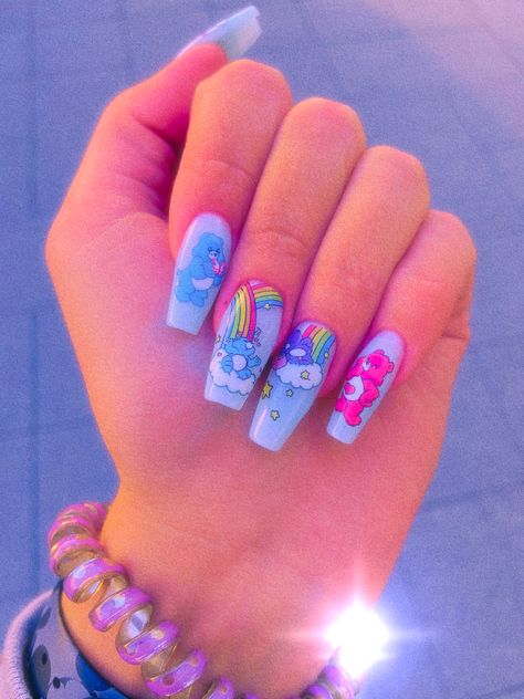 Carebear Nail Ideas, Carebear Nail Art, Care Bears Nail Art, Care Bears Nails, Kidcore Nails, Care Bear Nails, Bear Nails, Ruby Nails, Kids Nail Designs