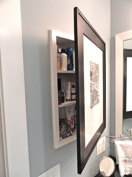 New concept in medicine cabinet design features secret and discreet wares hidden behing a wall portrait. Makeover Kamar Mandi, Toilette Design, Bad Inspiration, Recessed Wall, Upstairs Bathrooms, Bathroom Redo, Bathroom Renos, Ideas Pictures, Bath Remodel