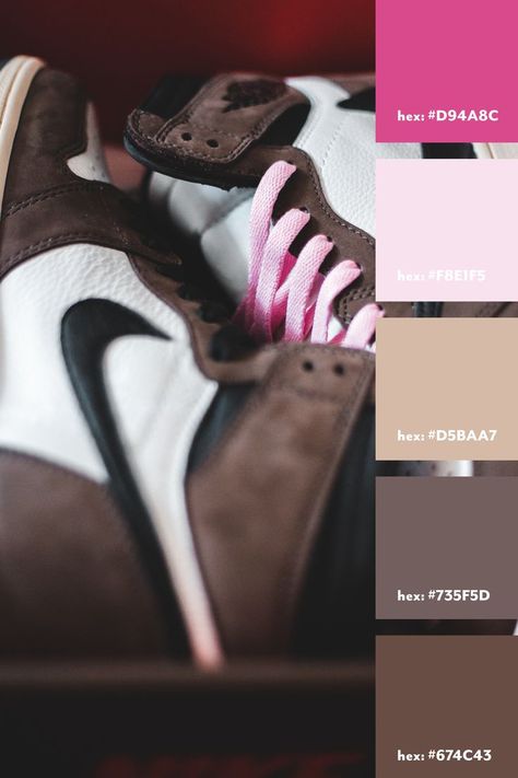 Brown and pink color palette from an image of Nike shoes Pink Black Brown Color Palette, Brown And Pink Wedding Theme, Brown Pink Color Palette, Brown And Pink Color Palette, Pink Color Palette, Colour Pallets, Black Color Palette, Orange Color Palettes, Brown Color Schemes