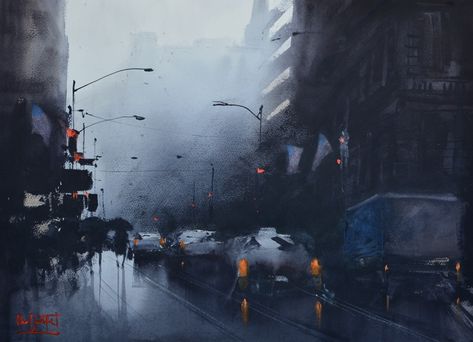 Original Artwork by Alvaro Castagenet Rainy Watercolor, Rainy Day Drawing, Master Watercolor, Watercolor City, Watercolor Architecture, Watercolour Inspiration, Indie Art, City Painting, Cityscape Art