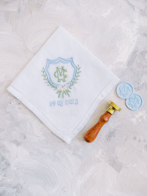 Linen Handkerchief with Custom Crest Blue Green Wedding Colors, Blue Green Wedding, Wedding Crest, Green Wedding Colors, Simple Elegant Wedding, Private Wedding, Chapel Hill Nc, Wedding Handkerchief, Nc Wedding