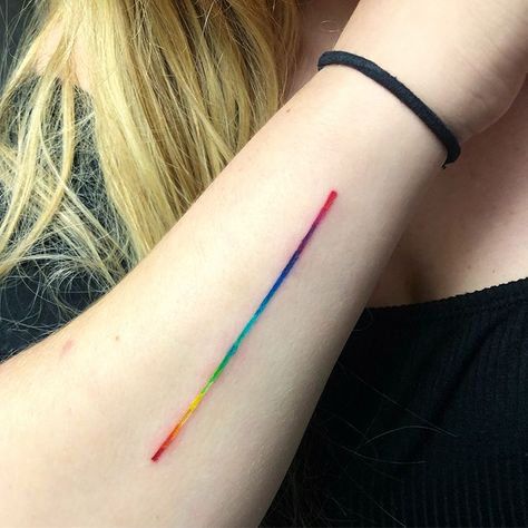 20 different ink colors ranging from bright red to hot pink put into this beautiful minimalist rainbow tattoo done on my love… Lgbt Tattoo, Rainbow Tattoo, Gay Tattoo, Pride Tattoo, Rainbow Tattoos, Muster Tattoos, Small Girl Tattoos, Inspiration Tattoos, Tattoos Geometric