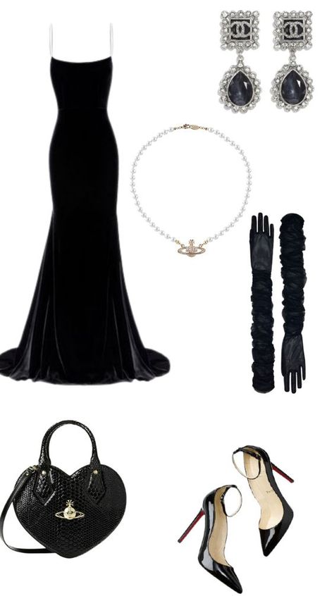 HOCO DRESSES IDEAS - valemoods Fancy Black Gown, Fame Dr Wardrobe, Dresses Fame Dr, Black Gala Outfit, Old Dior Fashion, Black Hollywood Dress, Hollywood Glamour Party Outfit, Black Prom Dress Inspiration, Dress Gowns Elegant