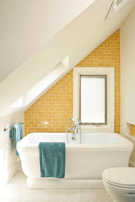 15 Attic Bathrooms to Inspire Your Next Renovation Attic Bathrooms, Small Attic Bathroom, Turquoise Bathroom, Subway Tiles Bathroom, Small Attic, Eclectic Bathroom, Yellow Tile, Attic Bathroom, Attic Design