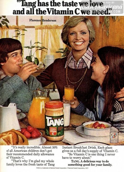 Florence Henderson’s family loves Tang (1978) Celebrity Wall Art, Celebrity Advertising, Florence Henderson, Commercial Ads, Retro Advertising, Food Ads, Retro Ads, Retro Recipes, Old Ads