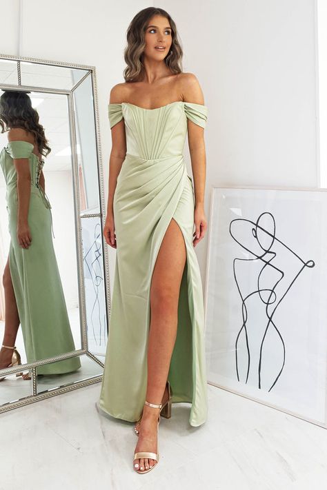 Green Corset Dress, Fitted Corset, Oh Hello Clothing, Green Formal Dresses, Fitted Gowns, Green Corset, Sage Green Dress, Green Gown, Satin Corset