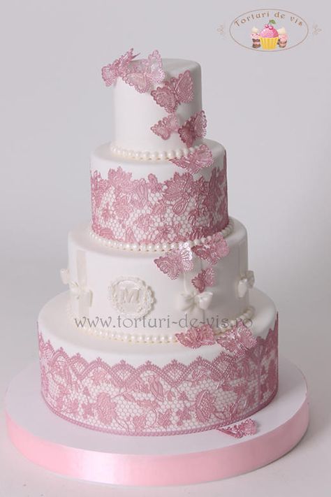 Lace and Butterflies Cake With Lace, Lace Cakes, Butterflies Pink, Lace Cake, Sugar Lace, Wedding Cake Recipe, Lace Wedding Cake, Tiramisu Cake, Boda Wedding