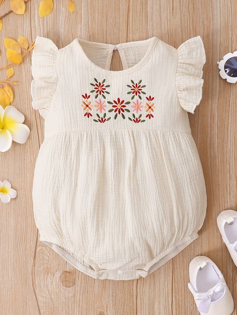 Baby Floral Embroidery Ruffle Trim Bodysuit Embroidery Designs For Baby Girl, Baby Clothes Embroidery, Embroidery Baby Clothes, Baby Dress Embroidery, Newborn Baby Dresses, Kids Lehenga, Kids Frocks Design, Baby Dress Patterns