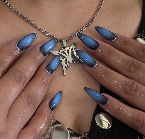 Chrome On Blue Nails, Black With Blue Chrome Nails, Blue Black Acrylic Nails, Blue Edgy Nails, Chrome Blue French Tip, Navy Aura Nails, Blue And Silver Chrome Nails, Dark Blue Aura Nails, Dark Blue Chrome Nails Designs