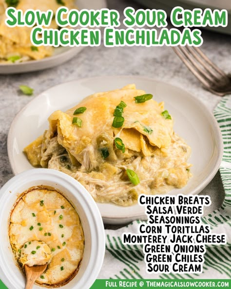 This creamy Chicken Enchilada Casserole calls for chicken breasts, green enchilada sauce, salsa verde, fire roasted green chiles, and a few other simple ingredients. Enchilada recipes like this are perfect for busy weekends, potlucks, or even game days. It's an authentic tex mex meal the whole family is sure to enjoy. Creamy Chicken Enchilada Casserole, Slow Cooker Chicken Enchilada Casserole, Sour Cream Chicken Enchilada Casserole, Green Chicken Enchilada Casserole, Green Sauce Recipe, Crockpot Chicken Enchiladas, Magical Slow Cooker, Creamy Chicken Enchiladas, The Magical Slow Cooker