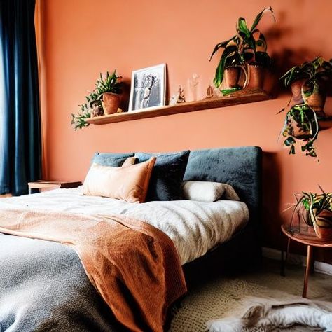 Terracotta Bedroom, Navy Bedrooms, Navy Blue Bedrooms, Blue Headboard, Hampton Home, Bedroom Orange, Sanctuary Bedroom, Bedroom Decor Ideas, Spare Bedroom