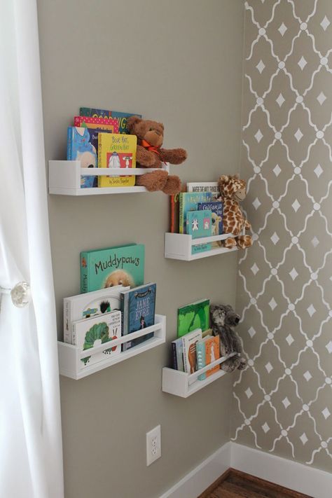 Storing Kids Books, Baby Zimmer Ikea, Baby Bookshelf, Ikea Hack Kids, Wall Spice Rack, Ikea Spice Rack, Kids Book Storage, Ikea Desk Hack, Ikea Nursery